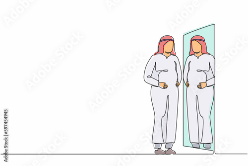Single continuous line drawing Arabian businessman standing in front of mirror and see himself getting big belly with holding his stomach. Oversized and obesity. One line draw graphic design vector