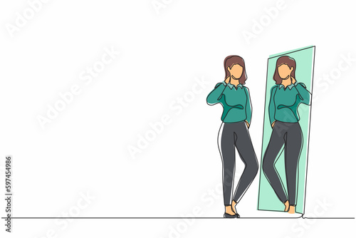 Single continuous line drawing businesswoman choosing blazer for business meeting. Woman trying on clothes at home. Girl with style. Mirror with female reflection. One line draw graphic design vector