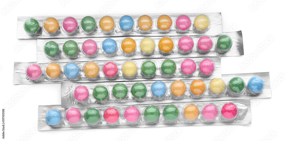 Packages with many bright gumballs isolated on white, top view Packages with many bright gumballs isolated on white, top view