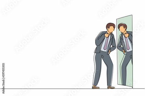 Continuous one line drawing angry businessman fight with mirror reflection. Furious guy have inner conflict, mental health problems. Suffering from abuse, self-violence. Single line draw design vector