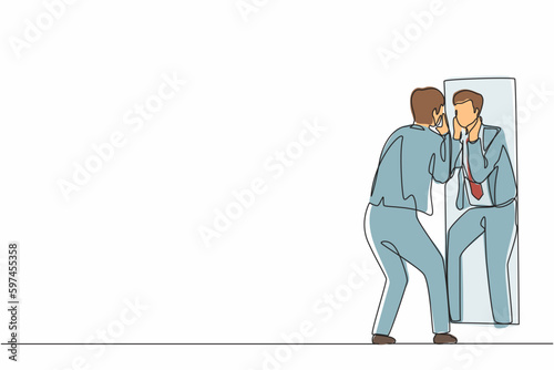 Single continuous line drawing businessman holding his face on reflection mirror. Man applying lotion on stubble after-shaving or trimming, looking at mirror. One line draw design vector illustration