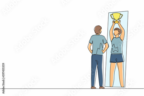 Continuous one line drawing guy standing in front of mirror looking at his reflection and imagine himself successful with lift up trophy cup. Narcissistic man seeing himself. Single line design vector