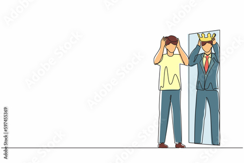 Single one line drawing narcissistic businessman looking at mirror and seeing in reflection of himself with crown on his head. Person overestimate, self confidence. Continuous line draw design vector