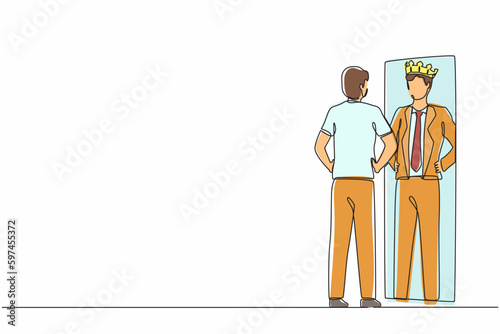 Single continuous line drawing narcissistic businessman looking at mirror and seeing in reflection of himself with crown on his head. Self confidence, motivation. One line design vector illustration