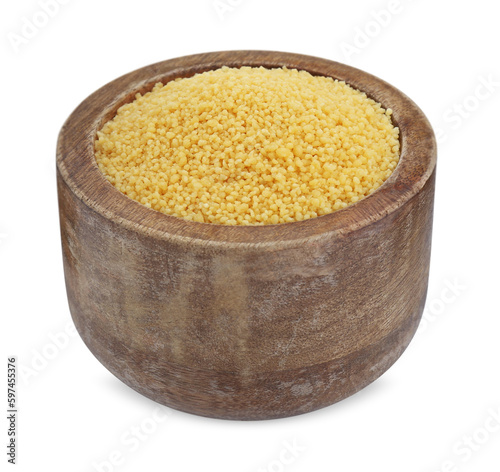 Bowl of raw couscous isolated on white photo