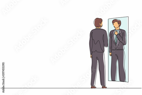 Single continuous line drawing businessman adjusting tie in front of mirror. Man checking his appearance in mirror. Male manager looking himself in mirror. One line graphic design vector illustration
