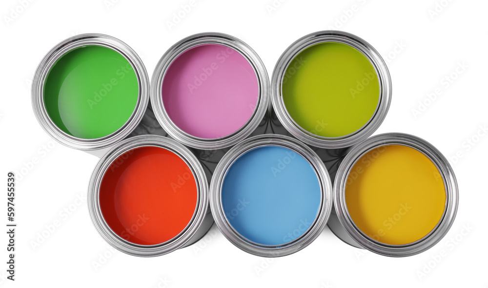 Cans of different paints on white background, top view Cans of different paints on white background, top view