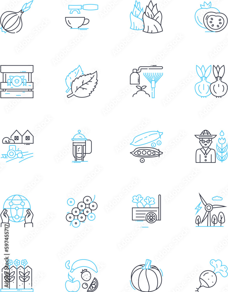 Naklejka premium Farm stand linear icons set. Produce, Fresh, Organic, Local, Vegetables, Fruits, Hy line vector and concept signs. Flowers,Herbs,Baked goods outline illustrations