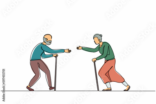 Single continuous line drawing senior woman running in hug to man. Elderly people run towards each other. Happy grandfather and grandmother meeting after long time. One line design vector illustration