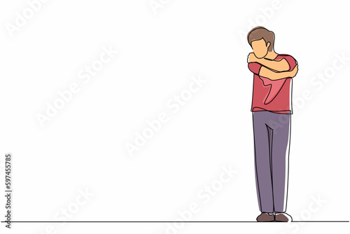 Single continuous line drawing man hugging himself with positive emotion. Happy smiling guy hugging himself with sensuality and love. Charismatic male cuddling oneself. One line graphic design vector