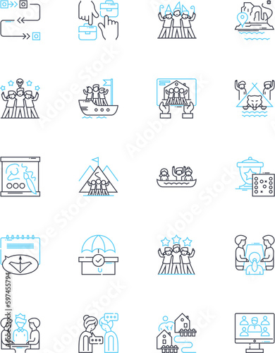 Gathering linear icons set. Convene, Assemble, Meet, Get-together, Congregate, Mingle, Rally line vector and concept signs. Cluster,Bring-together,Accumulate outline illustrations