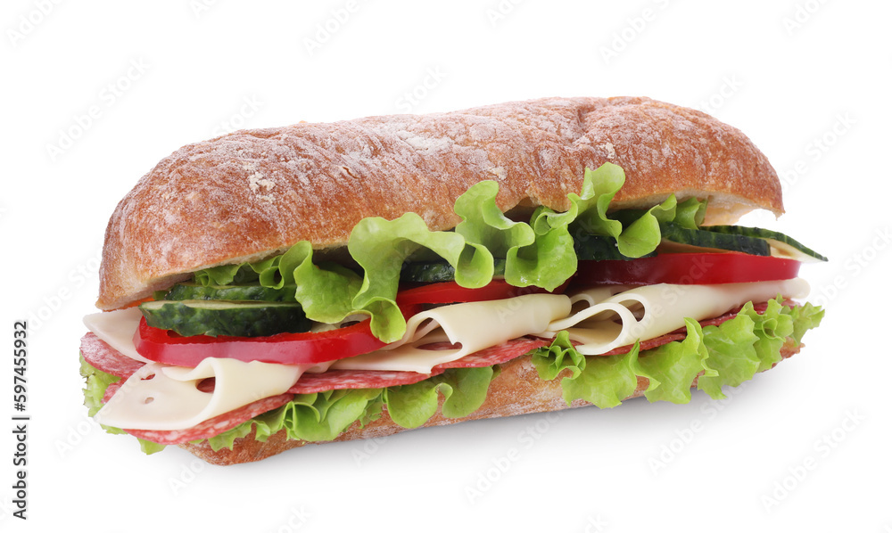 Delicious sandwich with fresh vegetables, cheese and salami isolated on white