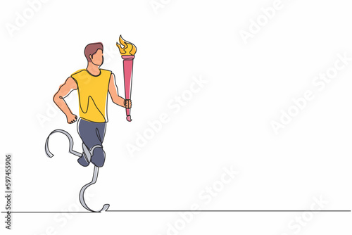 Single one line drawing faceless disabled young male or sportsman holding flaming torch in running pose. Disabled sport, success, disability games, championship. Continuous line design graphic vector