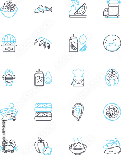 Fish house linear icons set. Aquarium, Angler, Bait, Catch, Dock, Dive, Fillet line vector and concept signs. Flounder,Fry,Hook outline illustrations