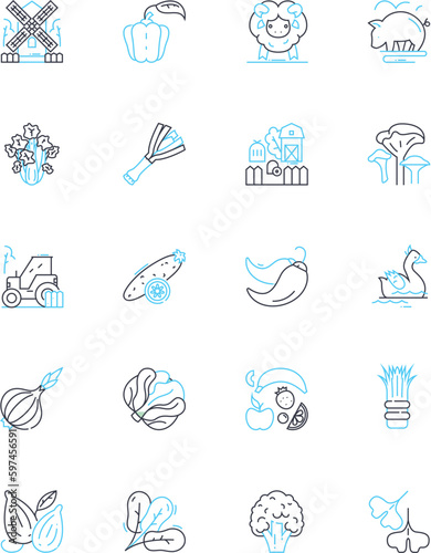 Cropland linear icons set. Agriculture, Harvest, Irrigation, Fertilizer, Plow, Cultivate, Tillage line vector and concept signs. Yield,Soil,Farming outline illustrations