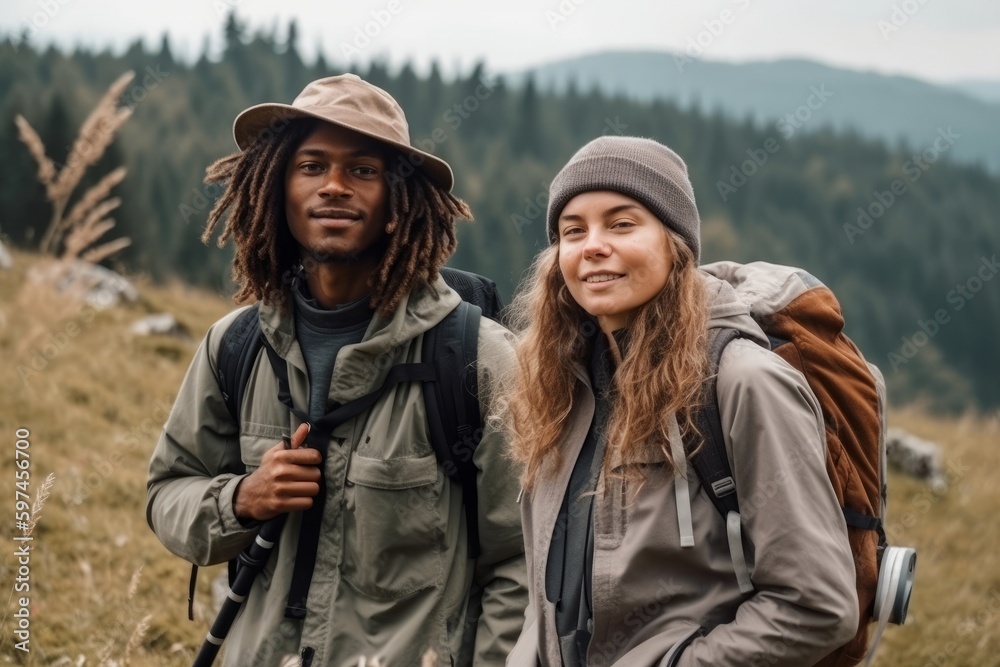 Male and female multiracial couple wearing backpacks, hiking up a mountain. Generative AI