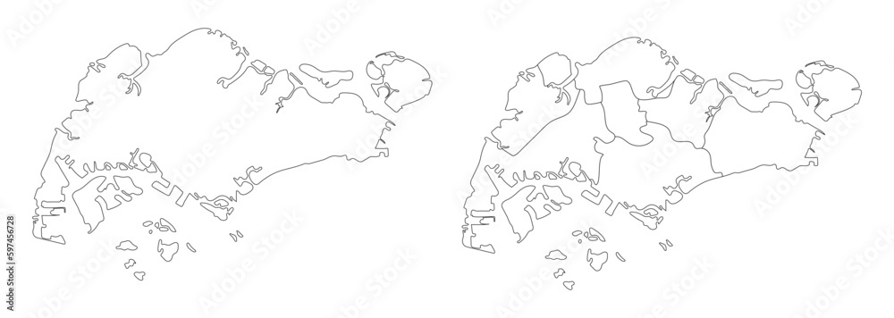 Singapore map set of white-black outline.