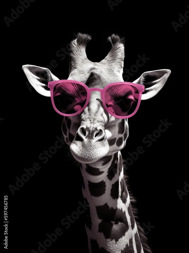 Funny giraffe wearing pink glasses on a dark background. Generative AI.