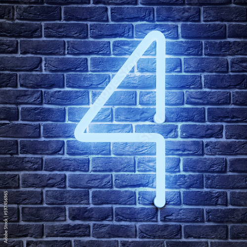 Glowing neon number 4 sign on brick wall