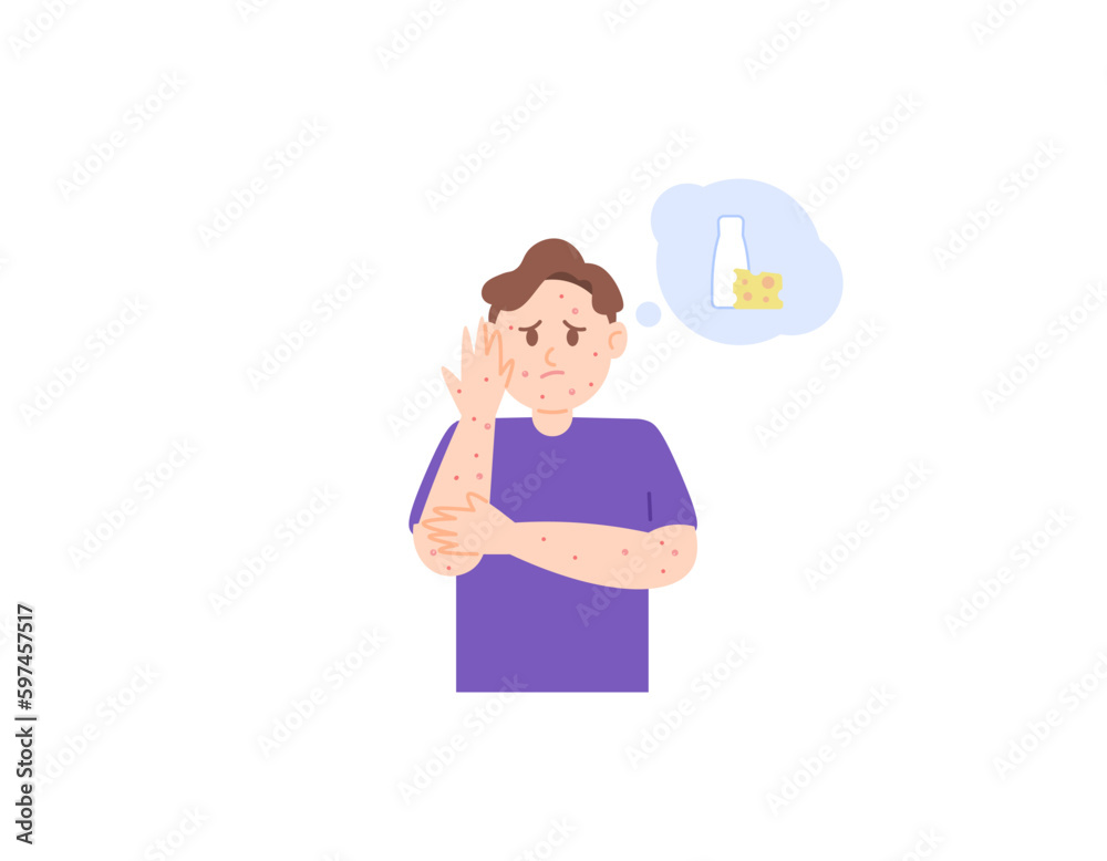 a man experiences itching from eating food from processed milk. milk allergy. scratching the skin from itching. skin rash and red skin. health problems or diseases. illustration concept design. vector a man experiences itching from eating food from processed milk. milk allergy. scratching the skin from itching. skin rash and red skin. health problems or diseases. illustration concept design. vector