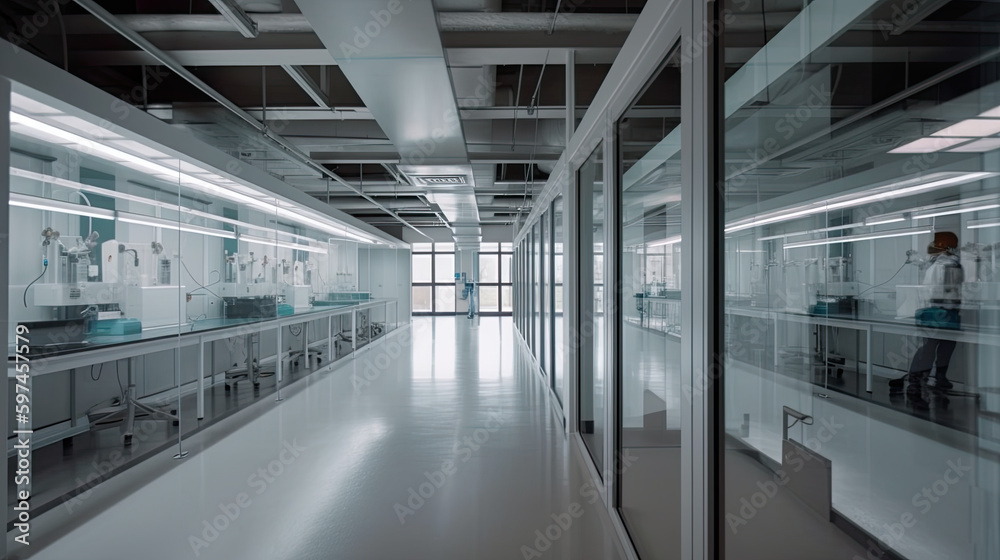 Obraz premium Long corridor in research facility with scientific laboratory interior behind glass wall. AI generative.