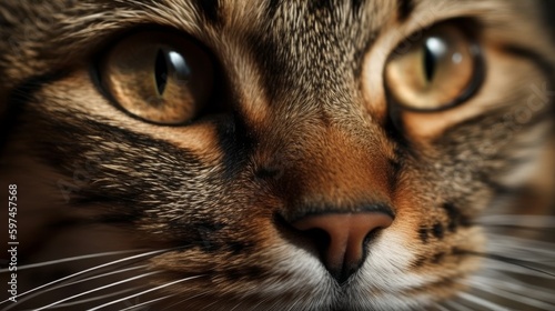 A close-up of cats whiskers and eyes. AI generated
