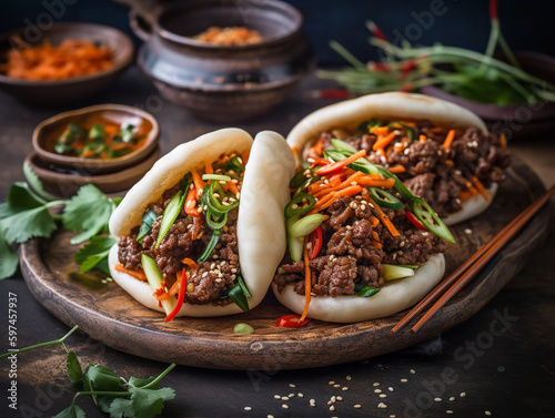 BAO BUN is a pork belly bun that comes from Fujian cuisine and is wrapped in a lotus leaf. This type of food is a popular snack in Taiwan and can often be found at restaurants or night markets. photo