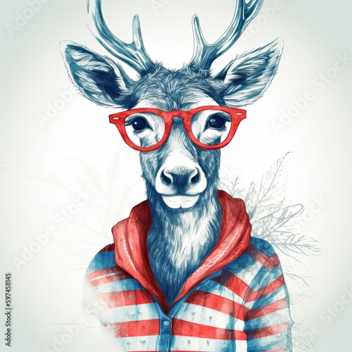 Portrait of Deer in striped red t-shirt with glasses. Generative AI