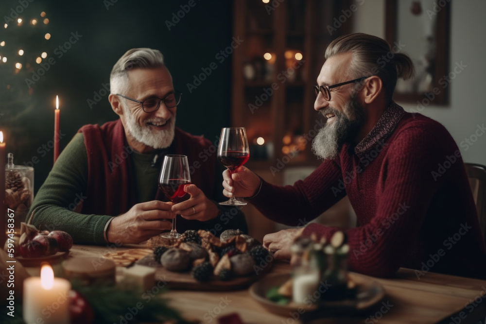 Two friends celebrate Christmas. Generative AI
