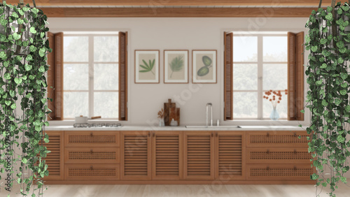 Jungle frame  biophilic concept idea interior design. Tropical leaves over minimal farmhouse kitchen. Cerpegia woodii hanging plants