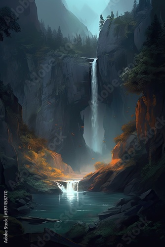 Beautiful vertical landscape with tall mountains  waterfall and a river. Generative AI