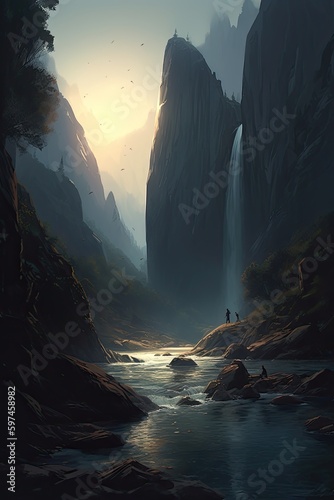 Beautiful vertical landscape with tall mountains  waterfall and a river. Generative AI