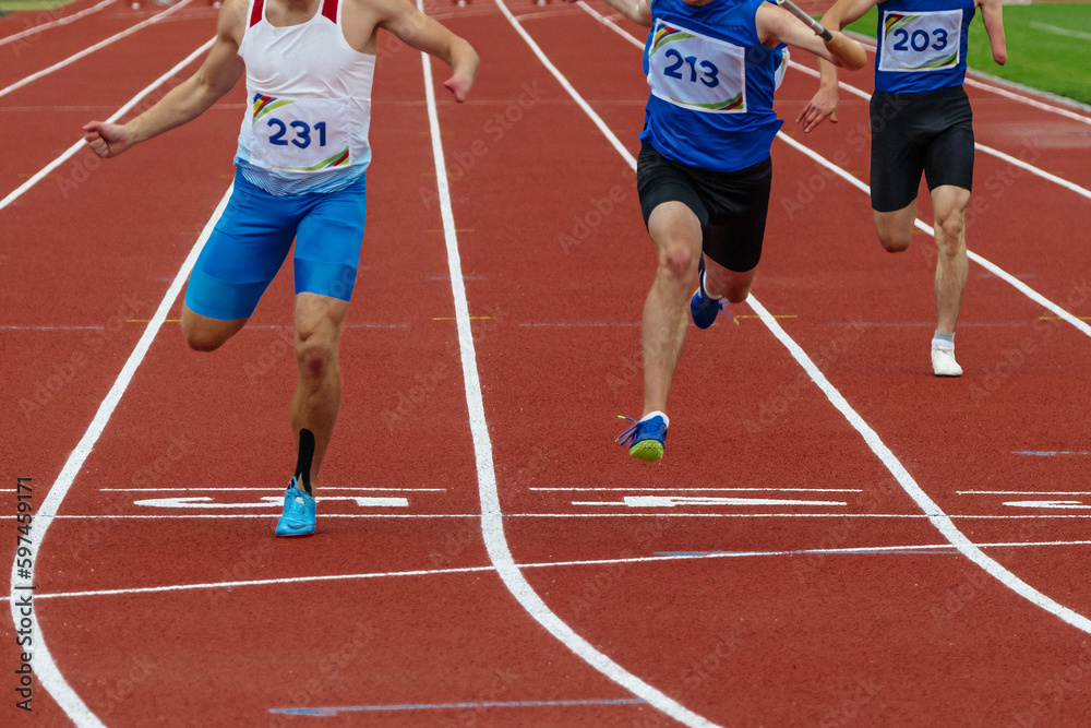 group runner para-athlete on limb deficiency running finish line track stadium, summer para athletics championships