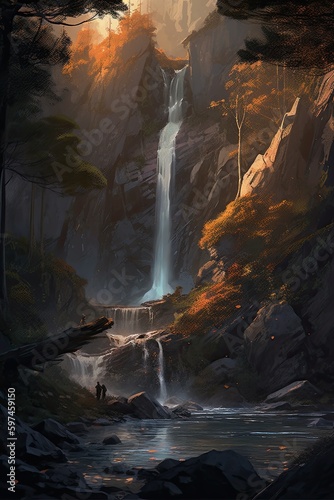 Beautiful vertical landscape with tall mountains, waterfall and a river. Generative AI © Gelpi