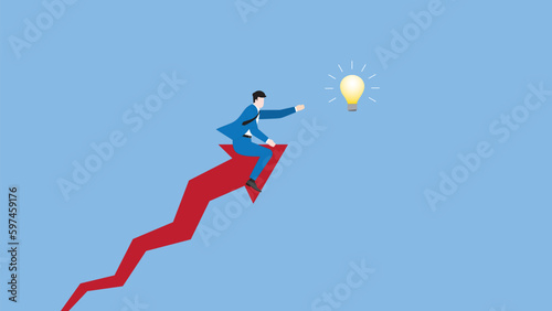 A businessman rides on a rising arrow rocket, reaching for a light bulb. dash forward to new business opportunities, Reach targets, goals, motivation, ideas, creativity, and inspiration concept.