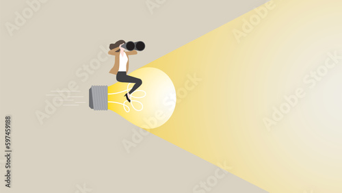 A businesswoman uses binoculars ride a big light bulb rocket. Search for new business opportunity, problem-solving, ideas, creativity, inspiration, imagination, drive to success, creation, and vision.