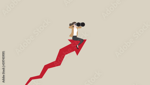 A vision businesswoman uses binoculars riding on a rising arrow. Search for new business opportunity, recession challenge, drive to success, motivation, opportunity, investment and ambition concept.