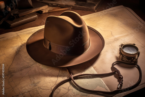 Indiana Jones's hat and whip lying on an ancient citadel map, created with Generative AI technology photo