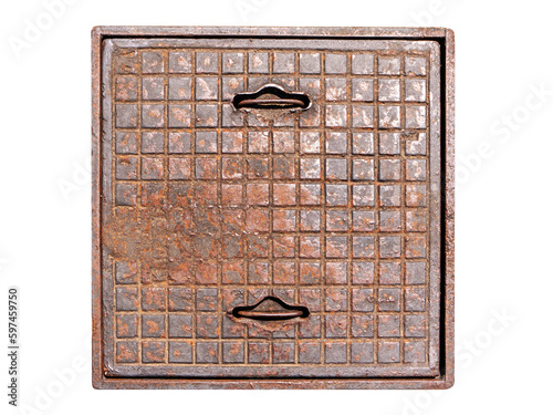 Square corroded iron manhole cover top view isolated