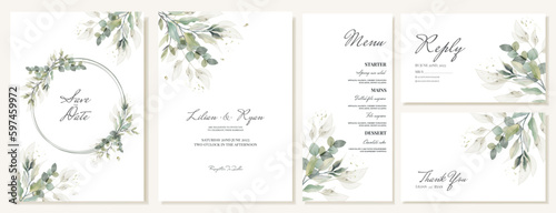 Set of rustic wedding invitations, rsvp and menu thank you cards with watercolor green leaves. Vector photo