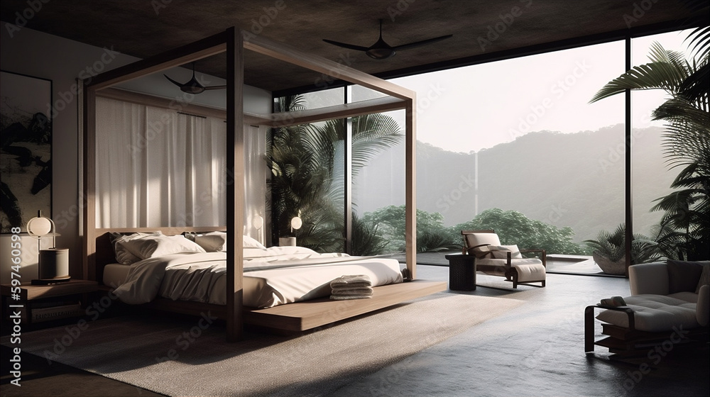 Modern luxury light bedroom in tropical style. AI generated. Modern luxury light bedroom in tropical style. AI generated.
