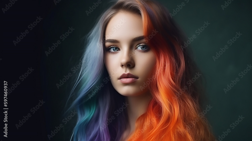 generative ai tools, Portrait of young beautiful woman with long flowing hair, Rainbow Hairstyles 

 