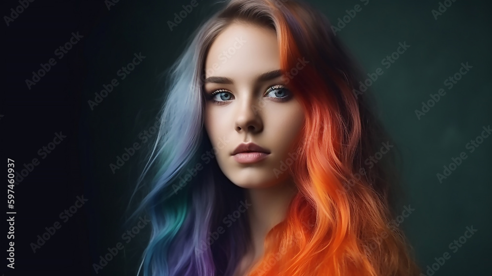 Naklejka premium generative ai tools, Portrait of young beautiful woman with long flowing hair, Rainbow Hairstyles