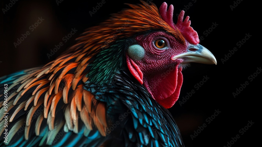 A detailed capture of a roosters colorful feathers. AI generated