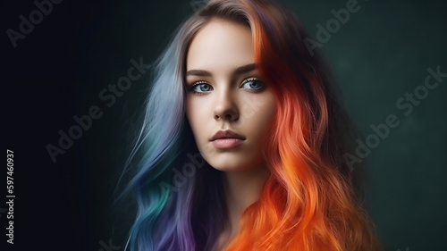 generative ai tools, Portrait of young beautiful woman with long flowing hair, Rainbow Hairstyles