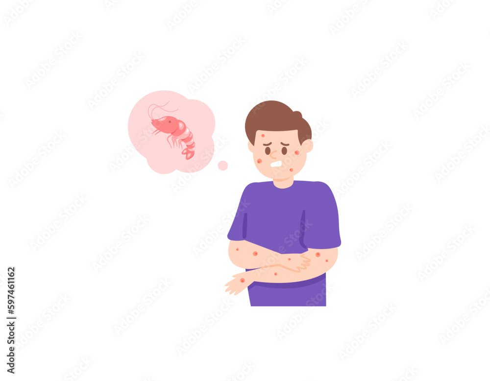 a man experiences itching from eating shrimp. shrimp or seafood allergy. scratching the skin from itching. skin rash and red skin. health problems and diseases. illustration concept design. vector a man experiences itching from eating shrimp. shrimp or seafood allergy. scratching the skin from itching. skin rash and red skin. health problems and diseases. illustration concept design. vector