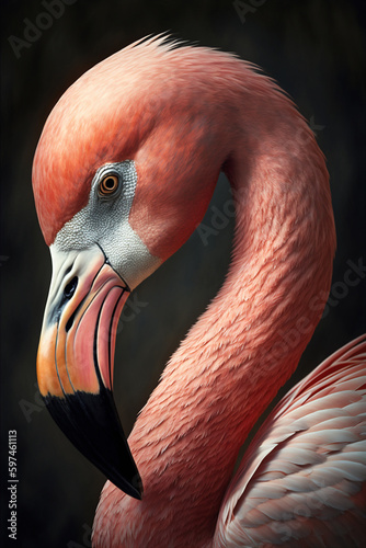 Pink flamingo, close up portrait on black background. AI generated
