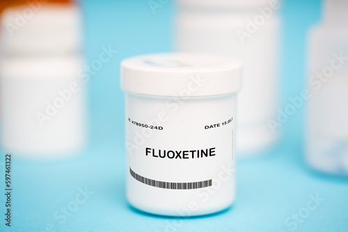 Fluoxetine medication In plastic vial photo