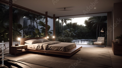 Modern luxury light bedroom in tropical style. AI generated.