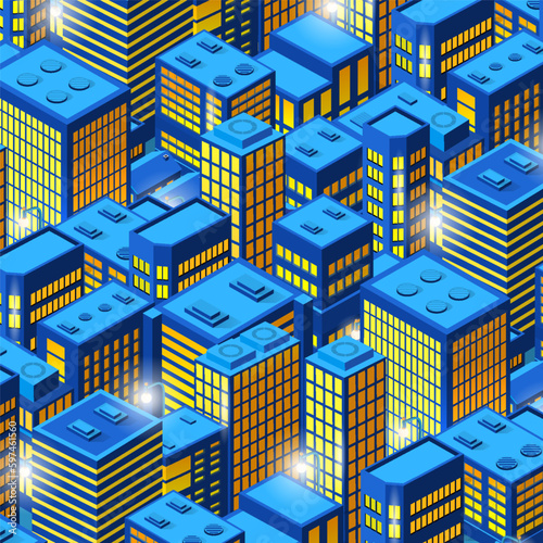 City Isometric night lights architecture 3D illustration technology town